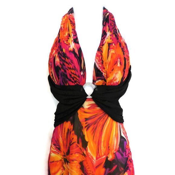 Hailey Logan Adrianna Papell Halter Dress Maxi Neon Floral Sash Backless - Picture 5 of 11